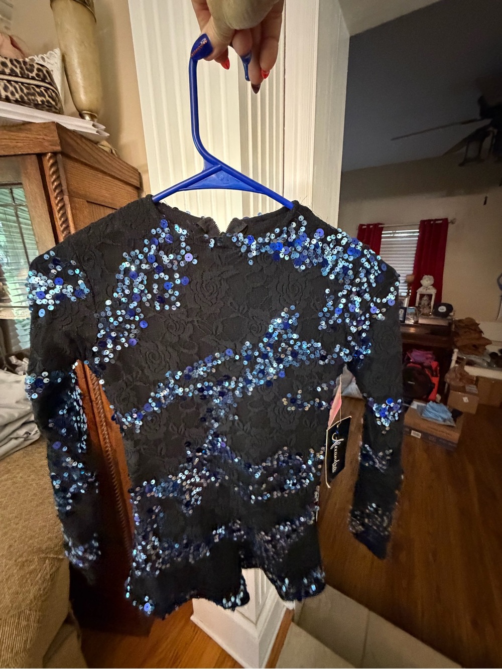 Black Lace Sequin Long-Sleeve kids dance bodysuit
